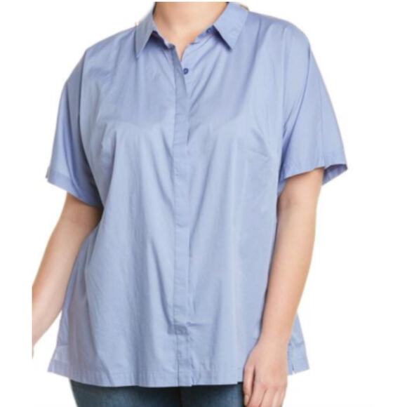 Eileen Fisher Organic Cotton Stretch Collar Button Down Blue L Shirt Career Boxy - Picture 1 of 10